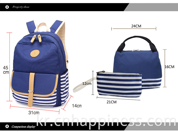 Amazon Hot Sale 접이식 USB 충전 Unisex School Bag Navel Blue Cotton Cotton Backpack Bag Set